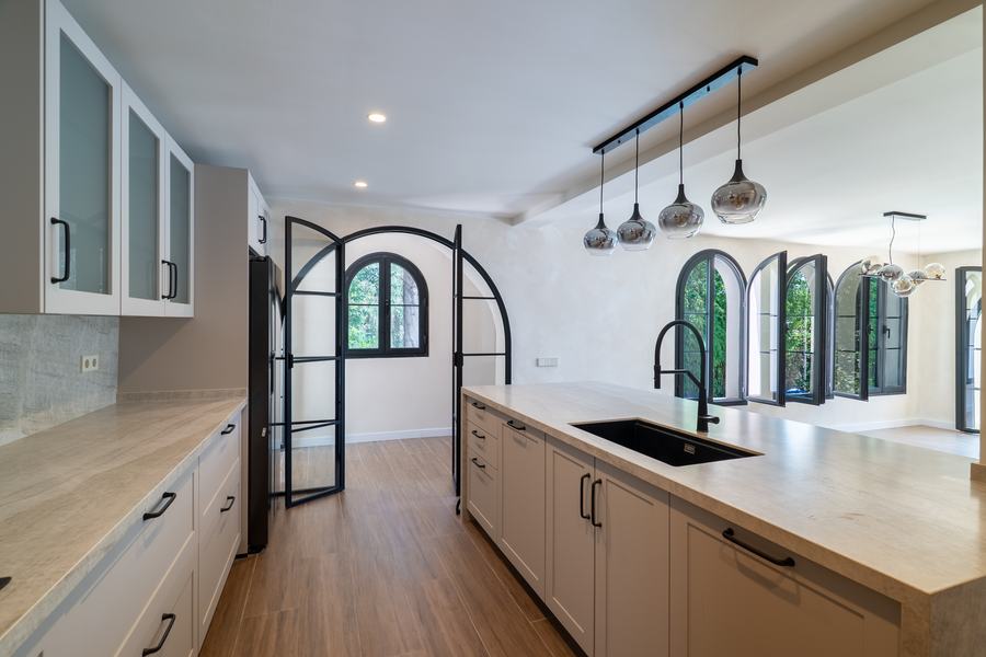 Kitchen island with pendant lights